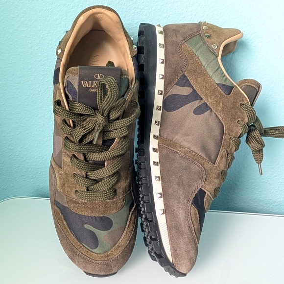 VALENTINO GARAVANI Military Green Camo Nylon Suede Rockrunner Sneakers sz 38.5 - Picture 2 of 15